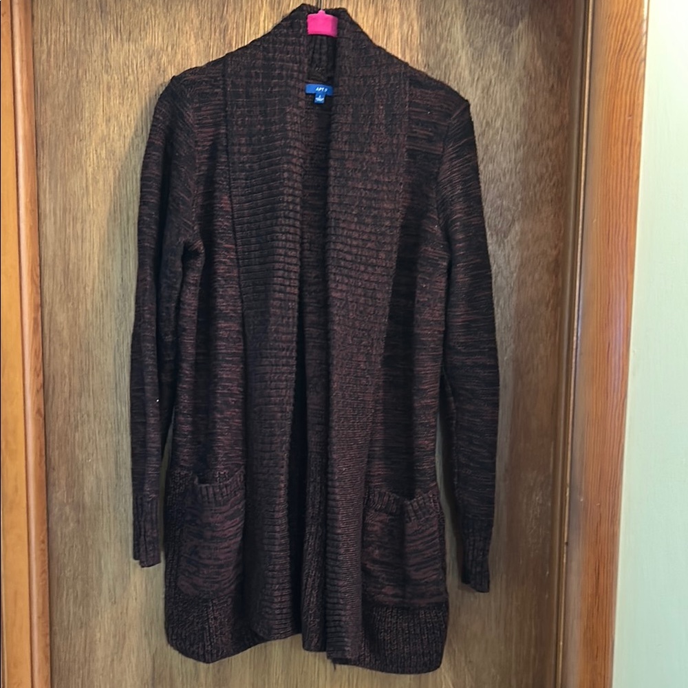Maroon and Black Long Cardigan Sweater with Open Front